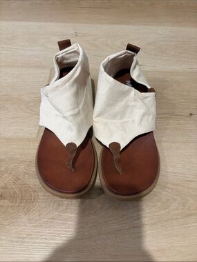 Mia Canvas Wrap Toe-Post Sandals in Cream and Brown 7